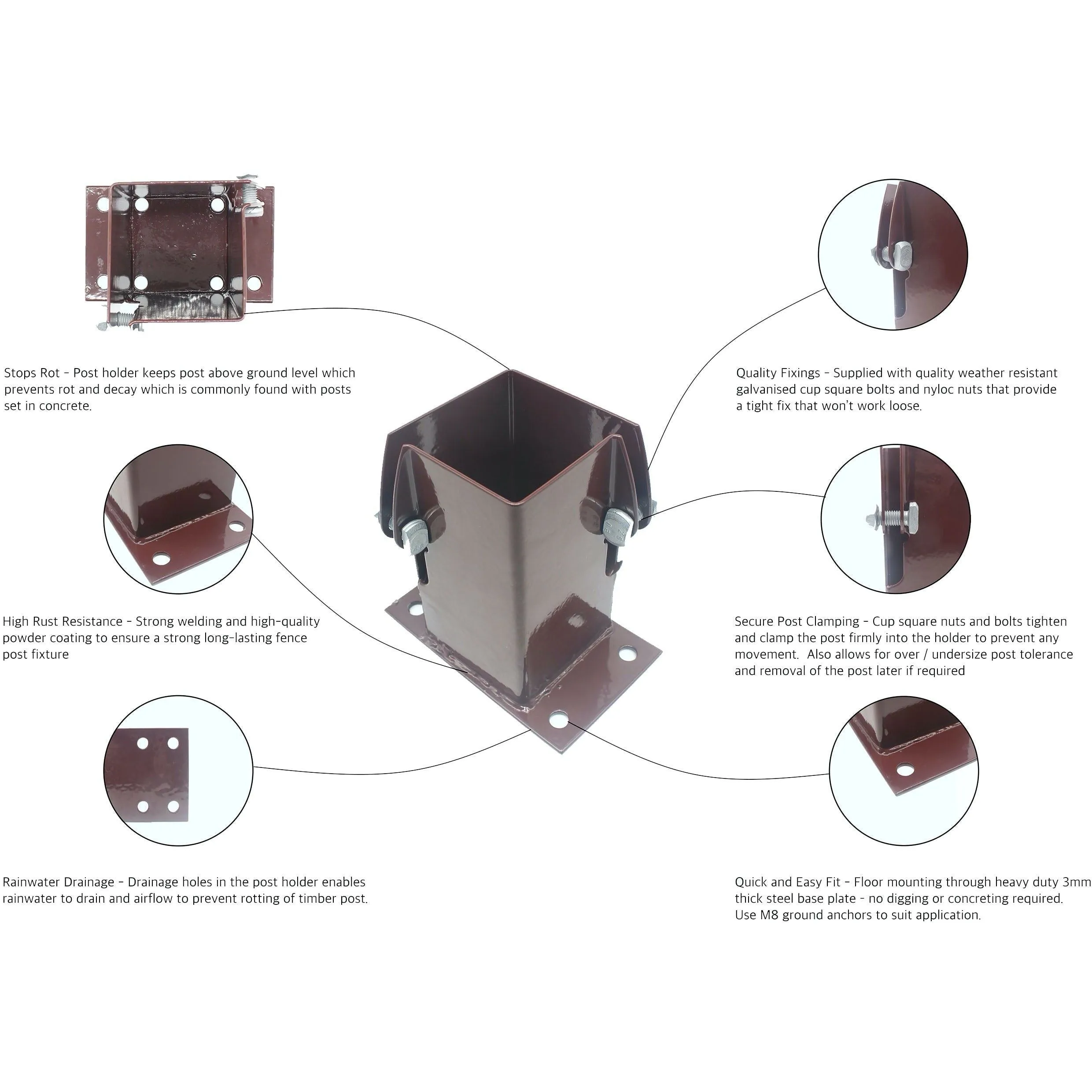 Bolt Down Fence Post Flush Fit Shoe -75mm - Oxide Red