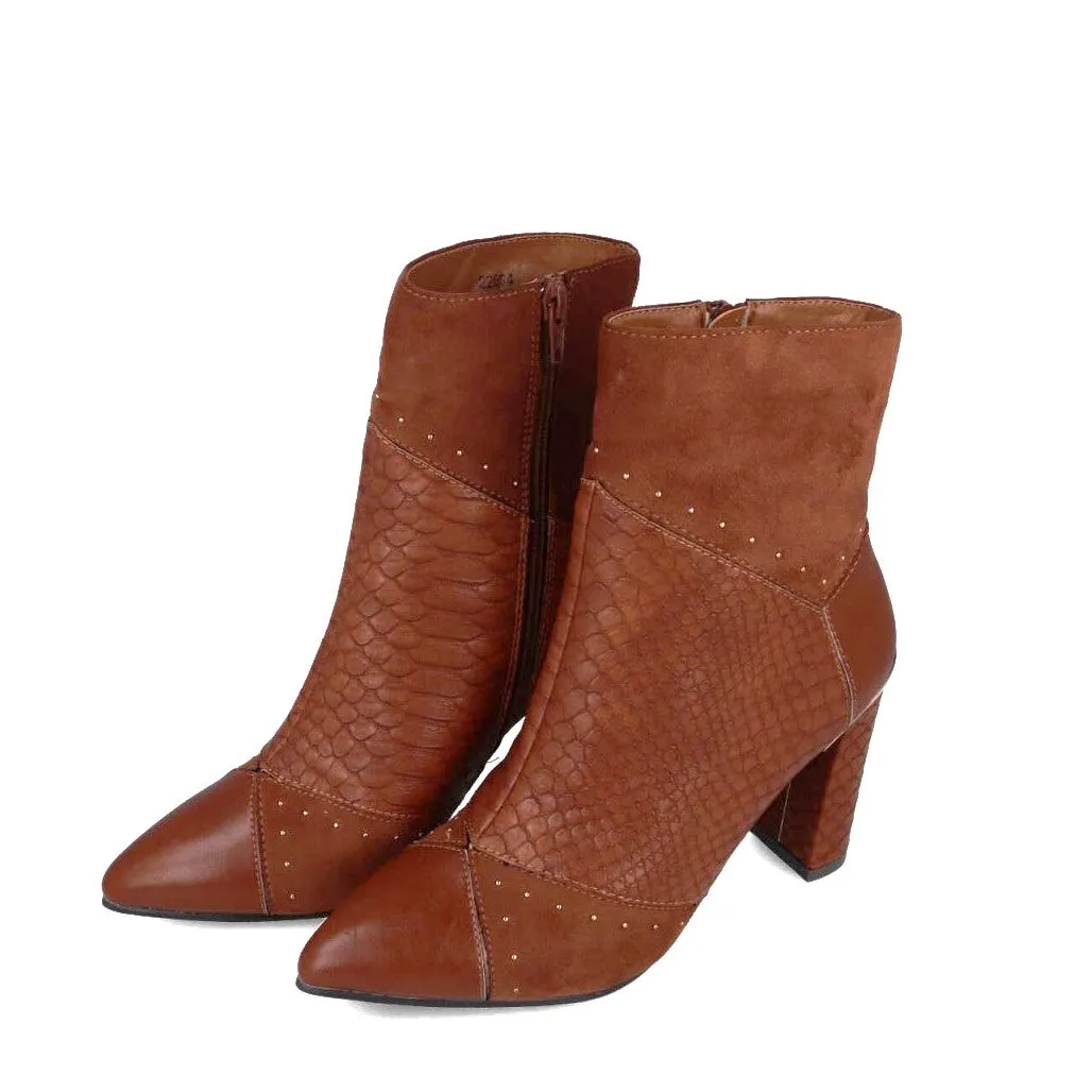 MB 22654 Tan Suede & Snake Print Ankle Boots