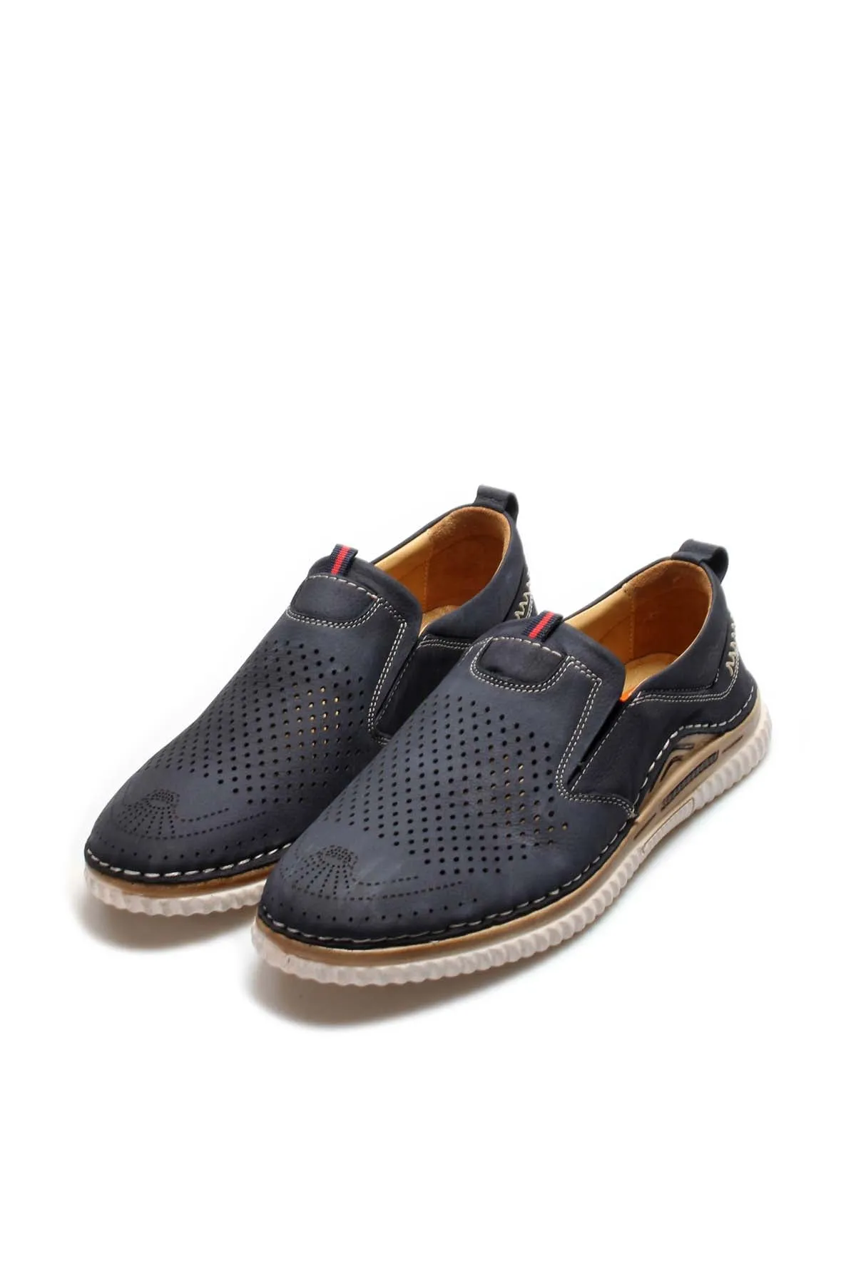 Men's Navy Blue Perforated Slip-On Loafers with Contrast Stitching and Cushioned Sole - Wessi