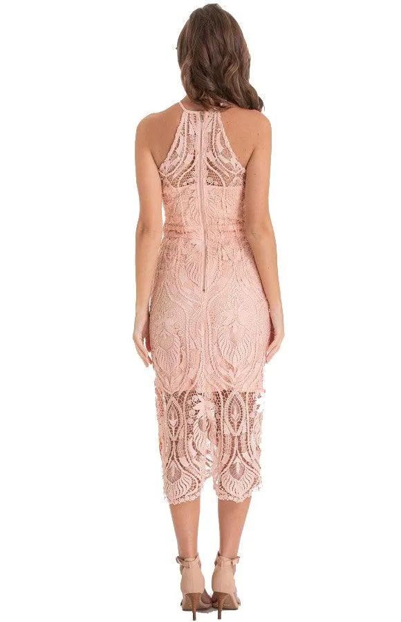 Women's Peach Embroidery Halter Neckline Lace Dress