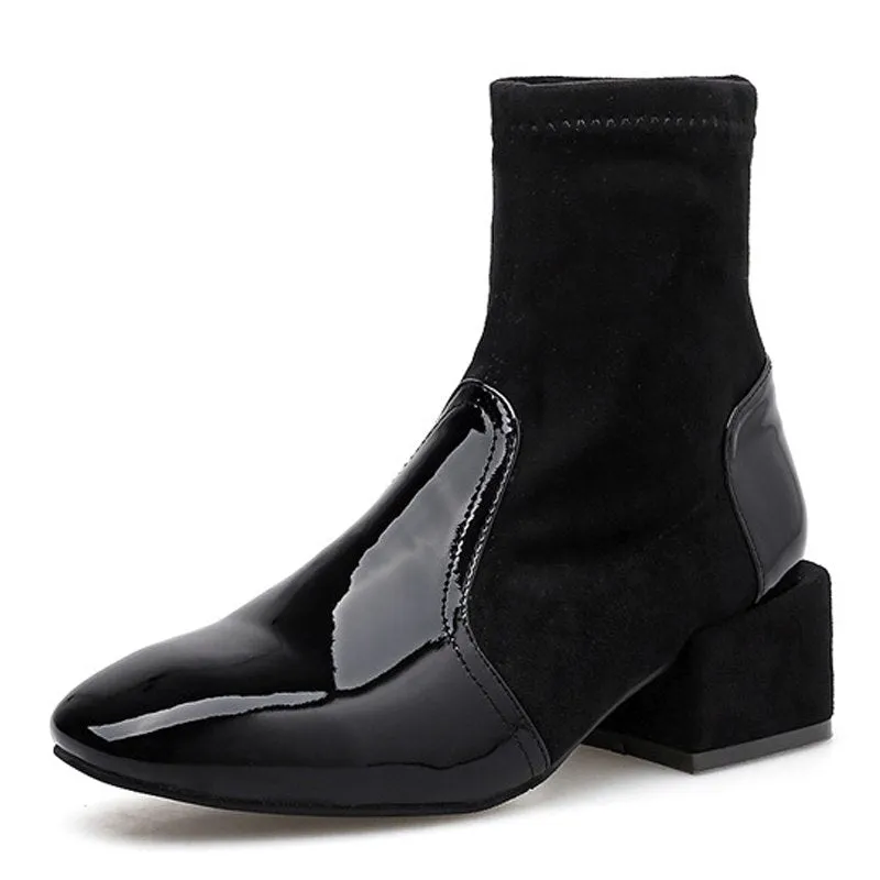 Women's Winter Mid-Heeled Slip-On Ankle Boots With Square Toe