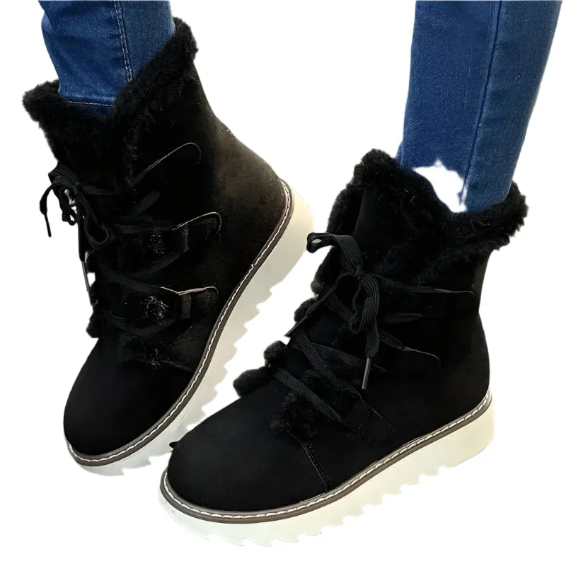 Women’s Winter Plush Waterproof Anti-Slip Snow Boots - Thermal Insulation Lace-Up Mid-Calf Outdoor Boots for Cold Weather