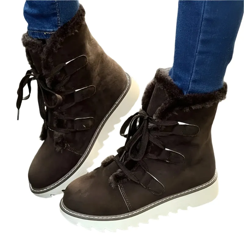 Women’s Winter Plush Waterproof Anti-Slip Snow Boots - Thermal Insulation Lace-Up Mid-Calf Outdoor Boots for Cold Weather