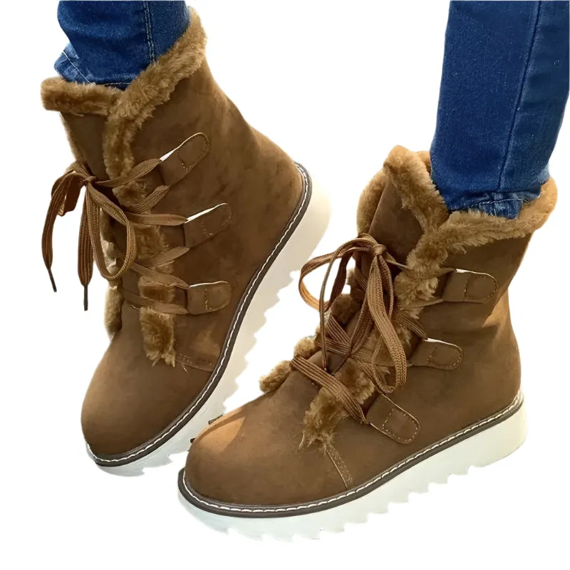 Women’s Winter Plush Waterproof Anti-Slip Snow Boots - Thermal Insulation Lace-Up Mid-Calf Outdoor Boots for Cold Weather