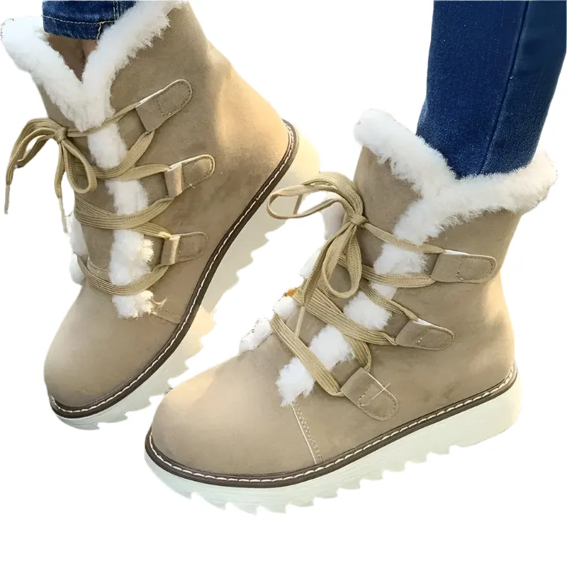 Women’s Winter Plush Waterproof Anti-Slip Snow Boots - Thermal Insulation Lace-Up Mid-Calf Outdoor Boots for Cold Weather